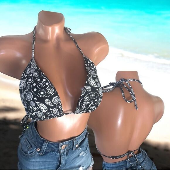 OP Swimwear l Slide Triangle Bikini Top l Black w /White Paisley Design l XL EUC - Picture 4 of 9